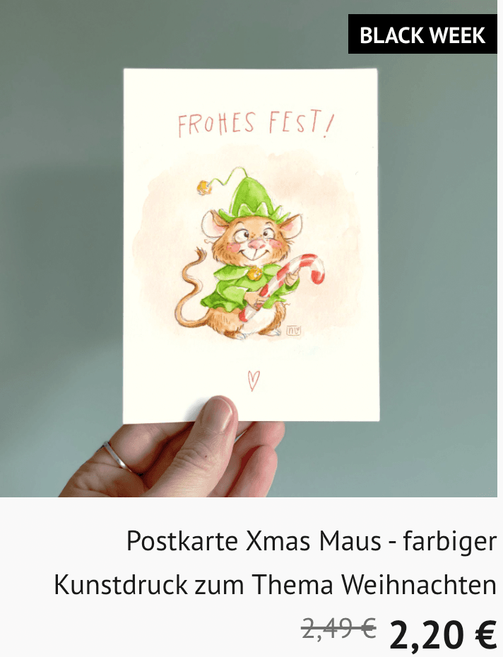 Postkarte, Kunstdruck, Weihnachtsmaus, ein Aquarell von Stephanie Marzian