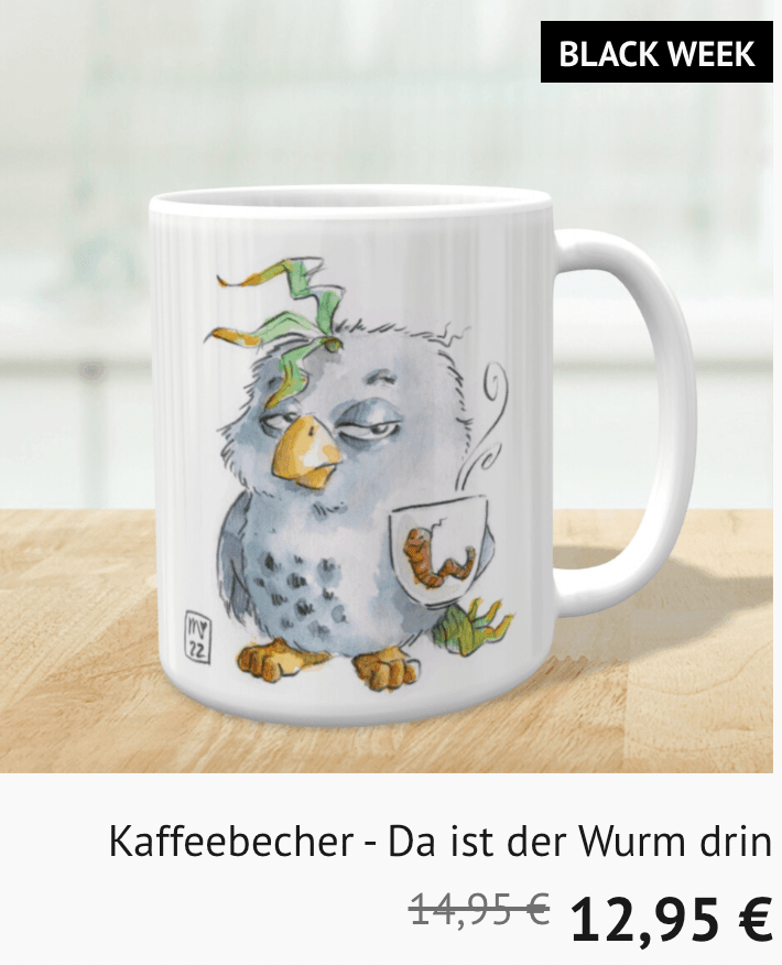 Tasse mit Aquarell eines Vogels mit Wurmtasse von Stephanie Marzian