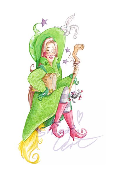 Hexenbuch, Der Tag an dem die Hexe hickste, Hexe auf Hexenbesen, Hase, spider, watercolor, Aquarell, Illustration