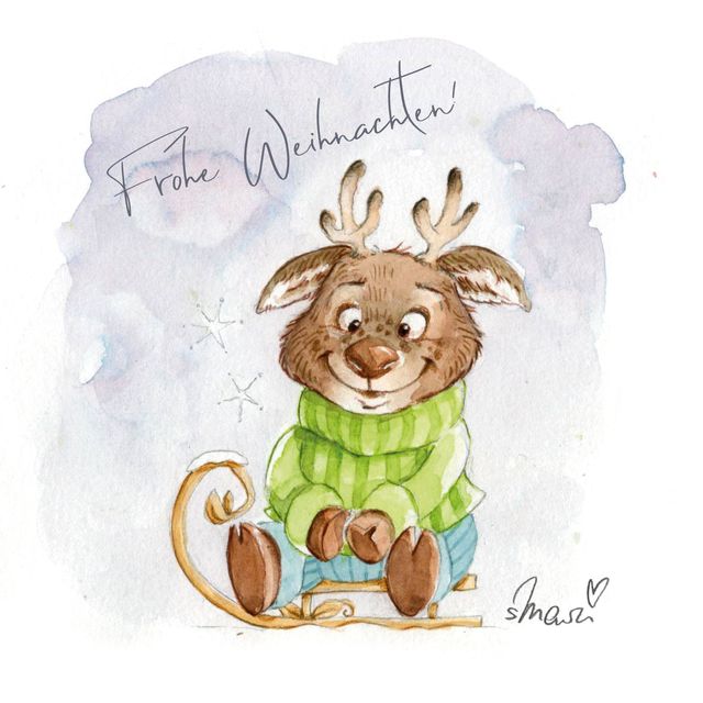 Aquarellbild eines Rentiers auf einem Schlitten - Frohe Weihnachten! Eure Stephanie Marzian